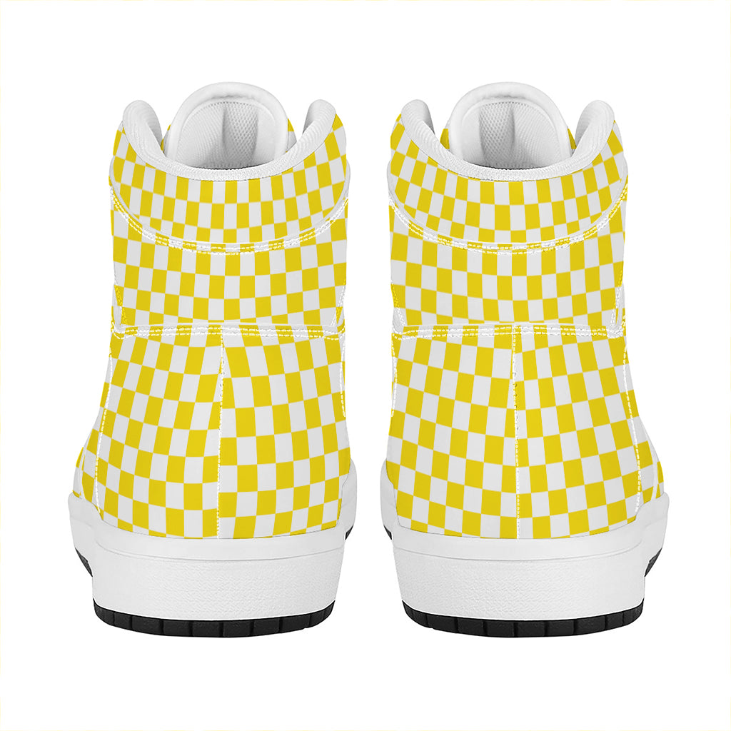 Yellow And White Checkered Pattern Print High Top Leather Sneakers