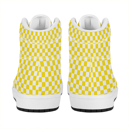 Yellow And White Checkered Pattern Print High Top Leather Sneakers