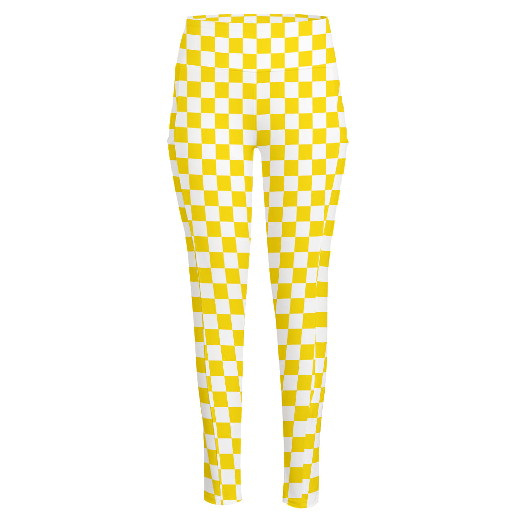 Yellow And White Checkered Pattern Print High-Waisted Pocket Leggings