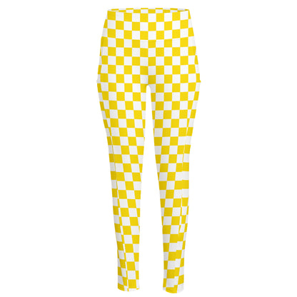 Yellow And White Checkered Pattern Print High-Waisted Pocket Leggings