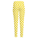 Yellow And White Checkered Pattern Print High-Waisted Pocket Leggings