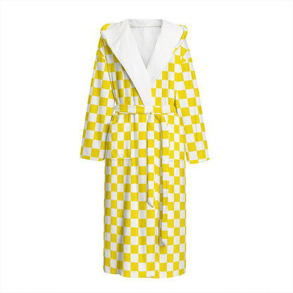 Yellow And White Checkered Pattern Print Hooded Bathrobe
