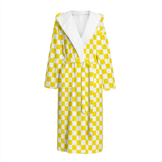 Yellow And White Checkered Pattern Print Hooded Bathrobe
