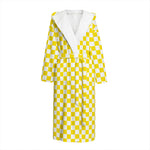 Yellow And White Checkered Pattern Print Hooded Bathrobe