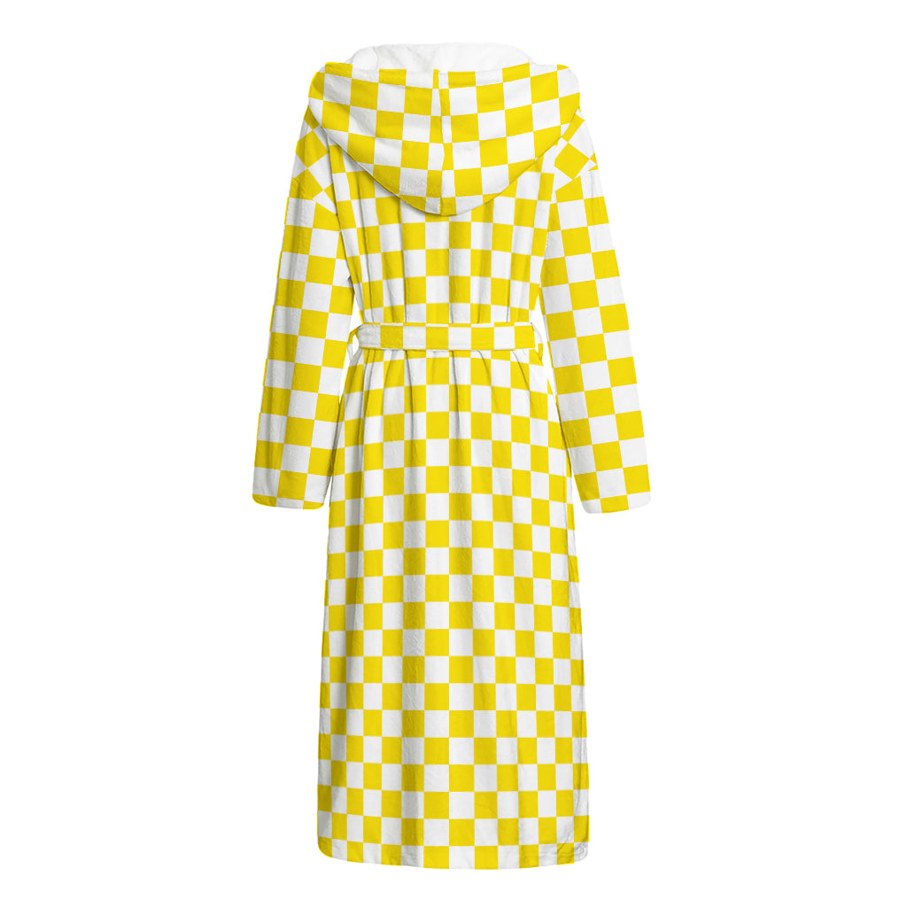 Yellow And White Checkered Pattern Print Hooded Bathrobe