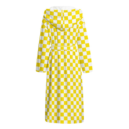 Yellow And White Checkered Pattern Print Hooded Bathrobe