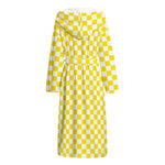 Yellow And White Checkered Pattern Print Hooded Bathrobe