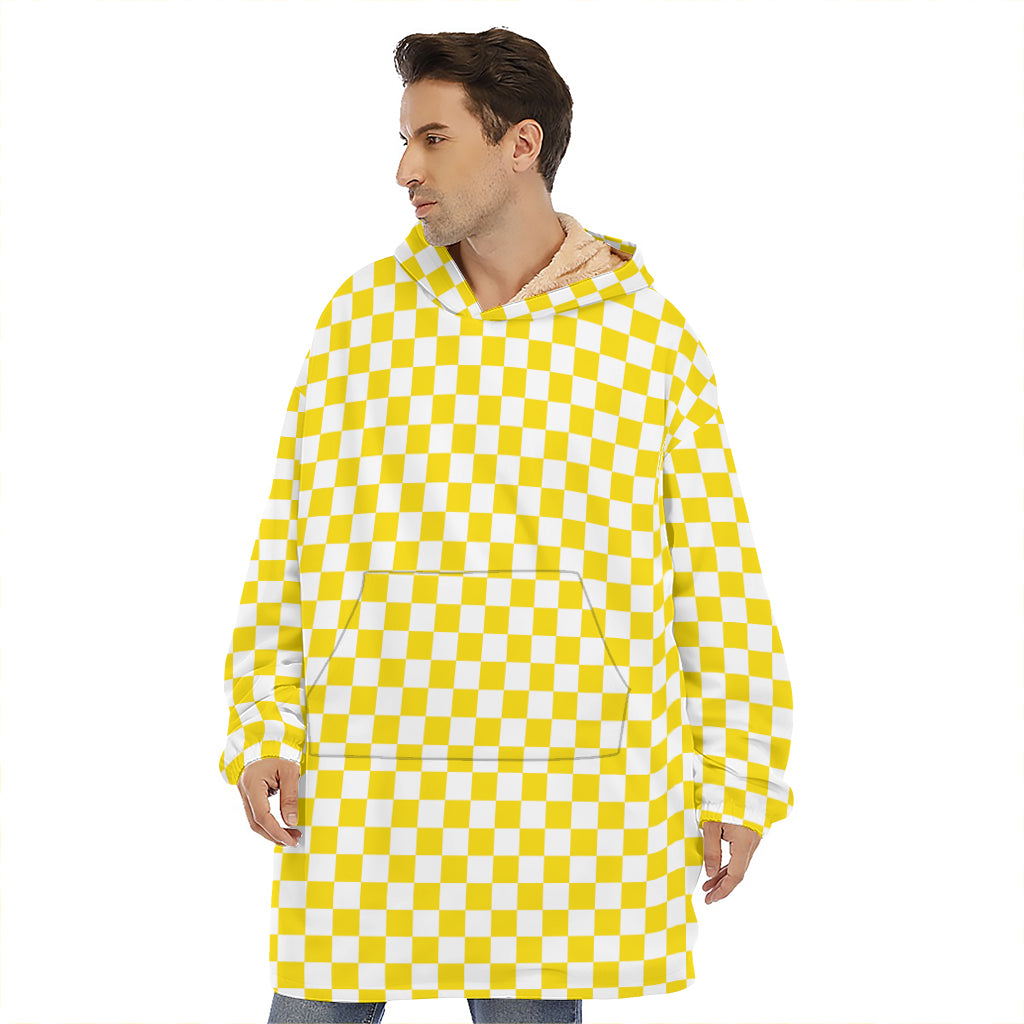 Yellow And White Checkered Pattern Print Hoodie Blanket