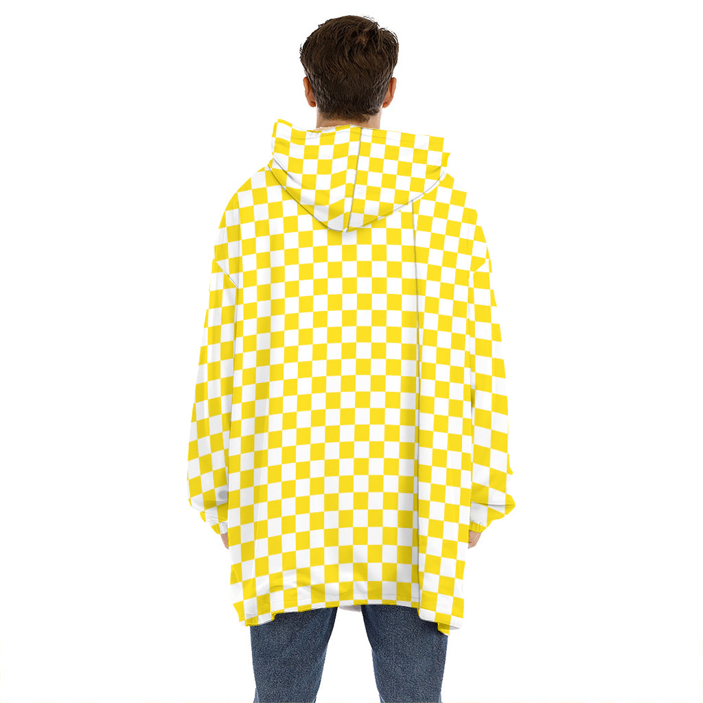 Yellow And White Checkered Pattern Print Hoodie Blanket