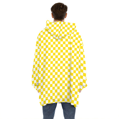 Yellow And White Checkered Pattern Print Hoodie Blanket