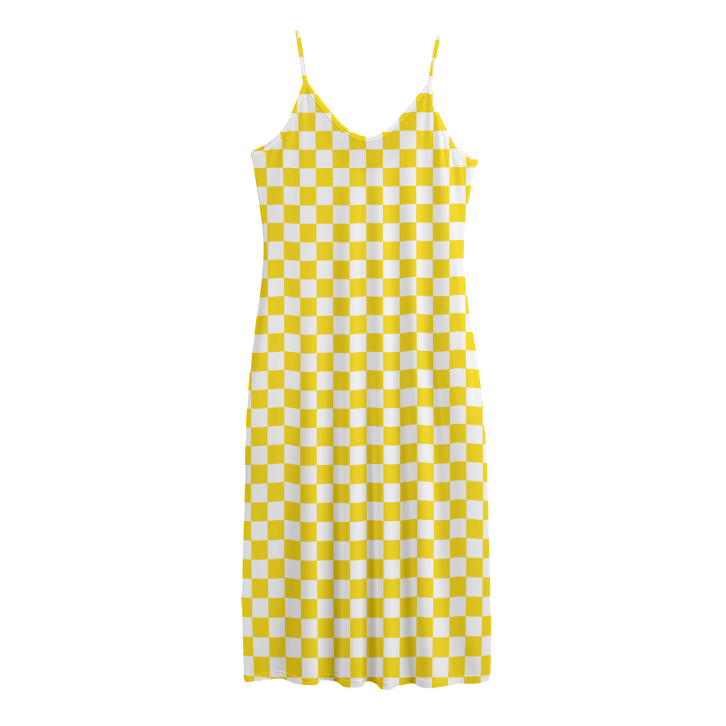 Yellow And White Checkered Pattern Print Jersey Midi Cami Dress