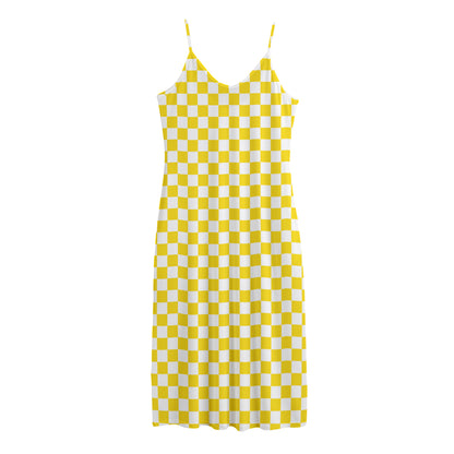 Yellow And White Checkered Pattern Print Jersey Midi Cami Dress