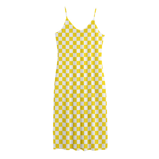 Yellow And White Checkered Pattern Print Jersey Midi Cami Dress