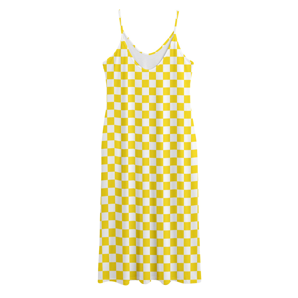 Yellow And White Checkered Pattern Print Jersey Midi Cami Dress