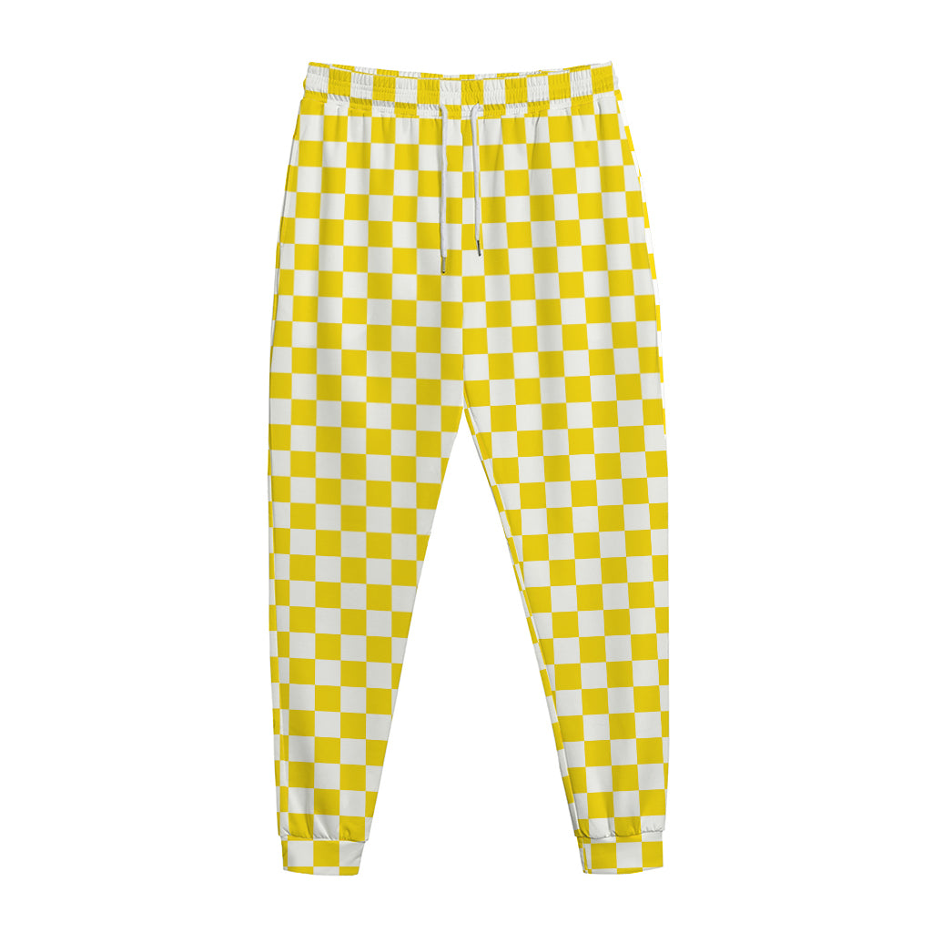 Yellow And White Checkered Pattern Print Jogger Pants
