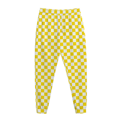 Yellow And White Checkered Pattern Print Jogger Pants