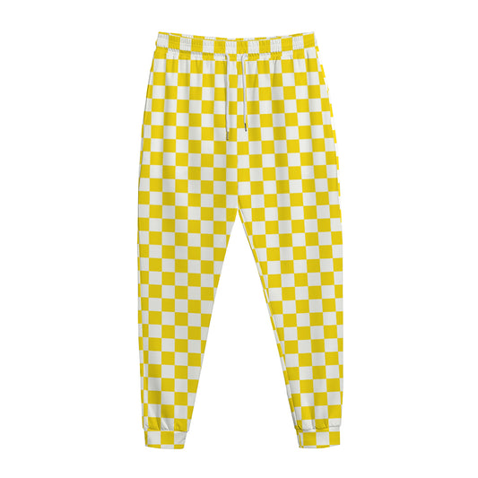 Yellow And White Checkered Pattern Print Jogger Pants