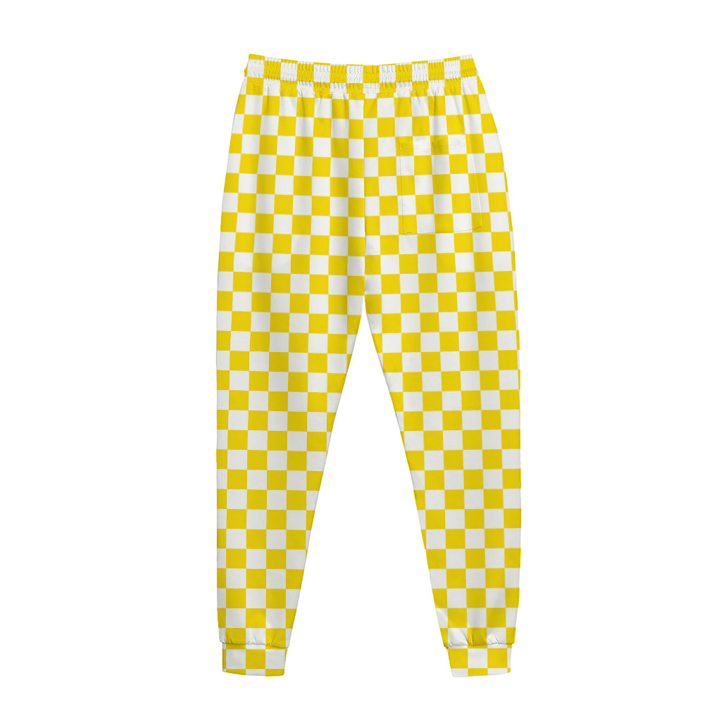 Yellow And White Checkered Pattern Print Jogger Pants
