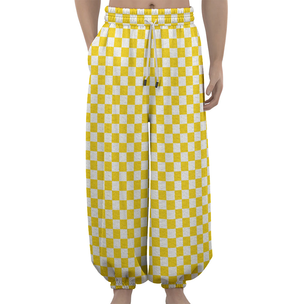 Yellow And White Checkered Pattern Print Lantern Pants