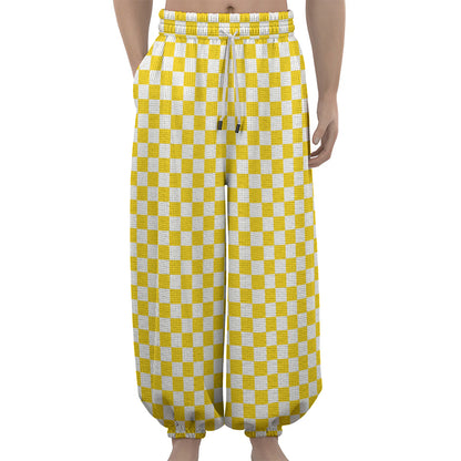 Yellow And White Checkered Pattern Print Lantern Pants
