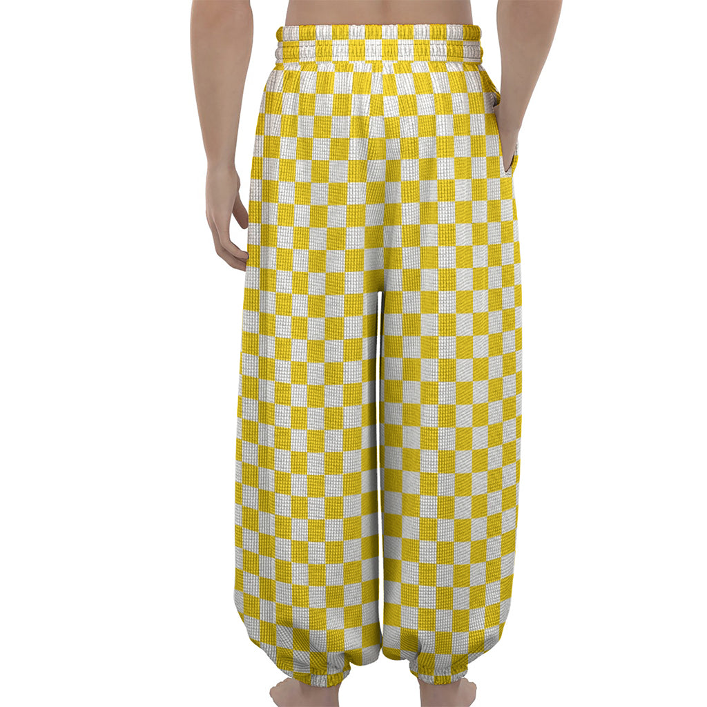 Yellow And White Checkered Pattern Print Lantern Pants