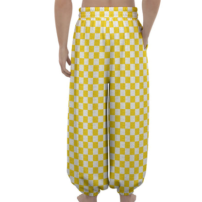 Yellow And White Checkered Pattern Print Lantern Pants