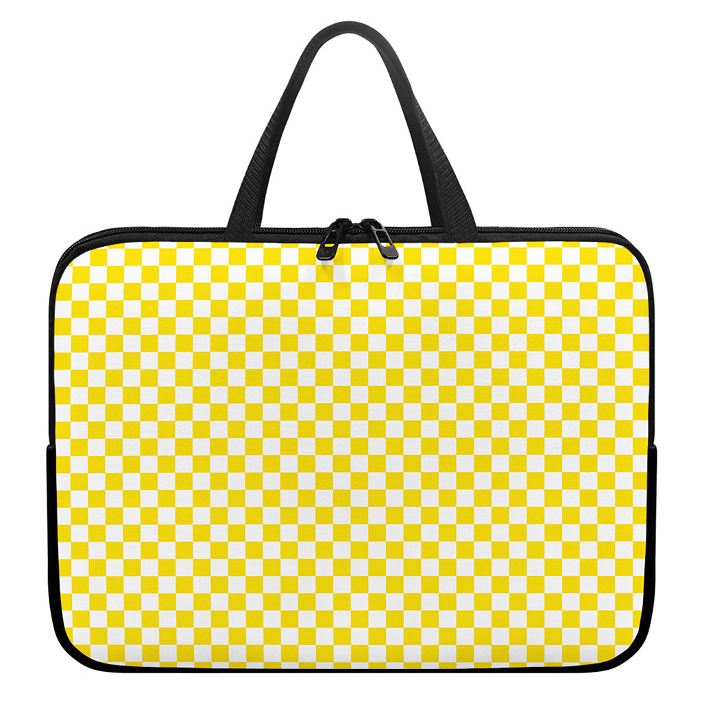 Yellow And White Checkered Pattern Print Laptop Sleeve With Handle