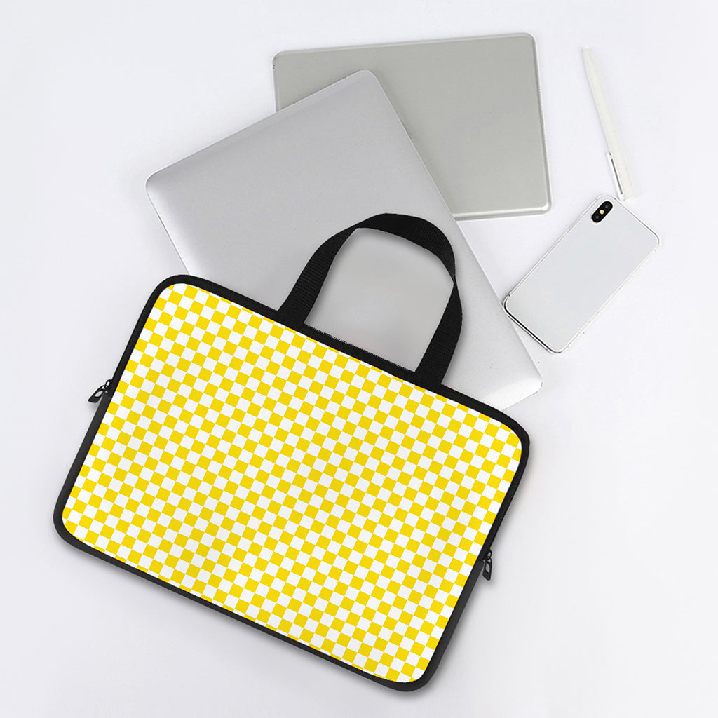 Yellow And White Checkered Pattern Print Laptop Sleeve With Handle