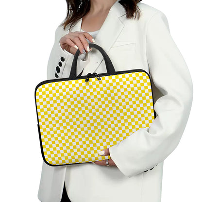 Yellow And White Checkered Pattern Print Laptop Sleeve With Handle