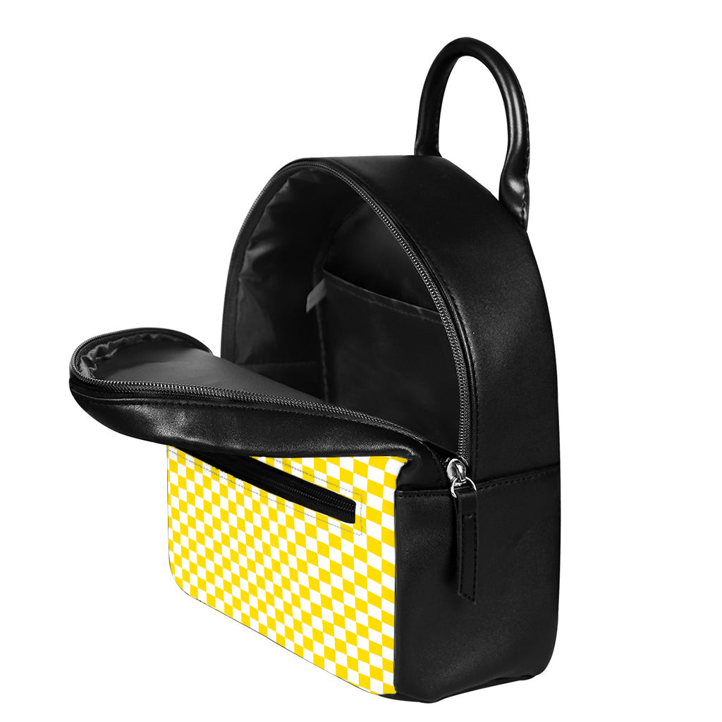 Yellow And White Checkered Pattern Print Leather Backpack