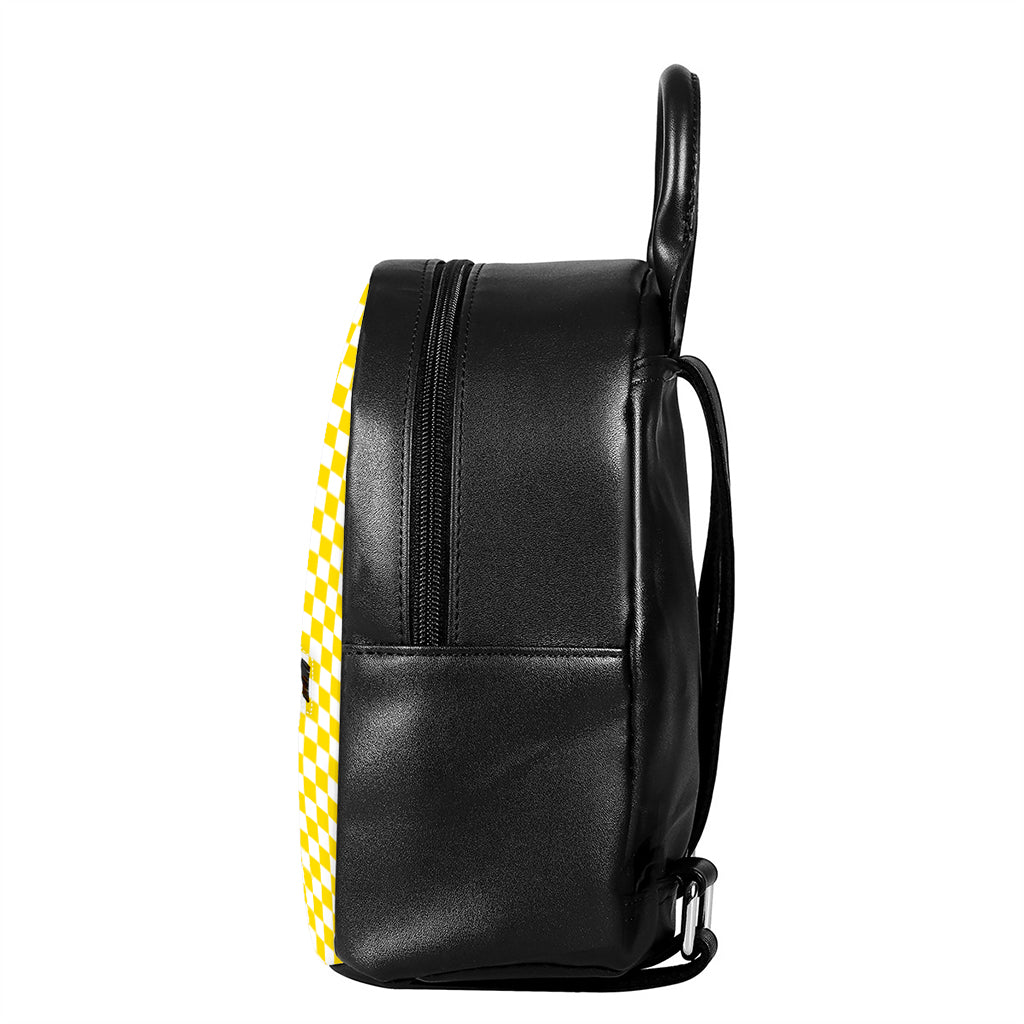 Yellow And White Checkered Pattern Print Leather Backpack