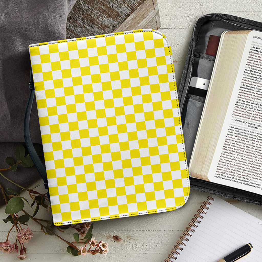 Yellow And White Checkered Pattern Print Leather Bible Cover