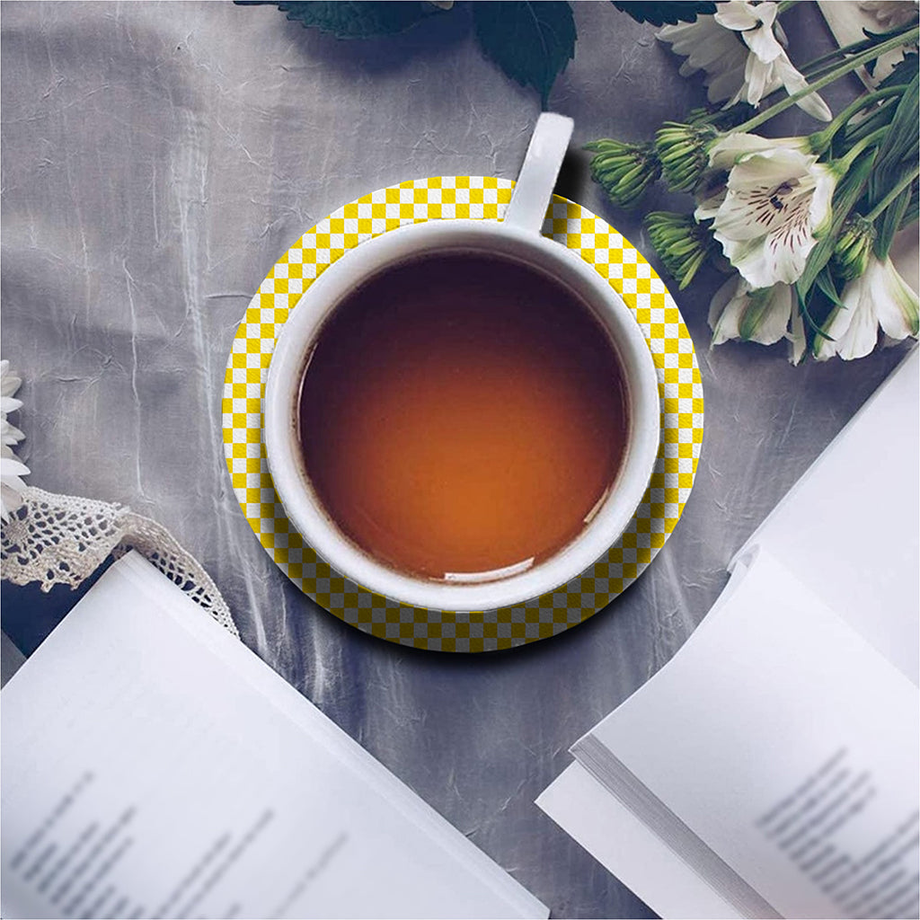 Yellow And White Checkered Pattern Print Leather Coaster Set