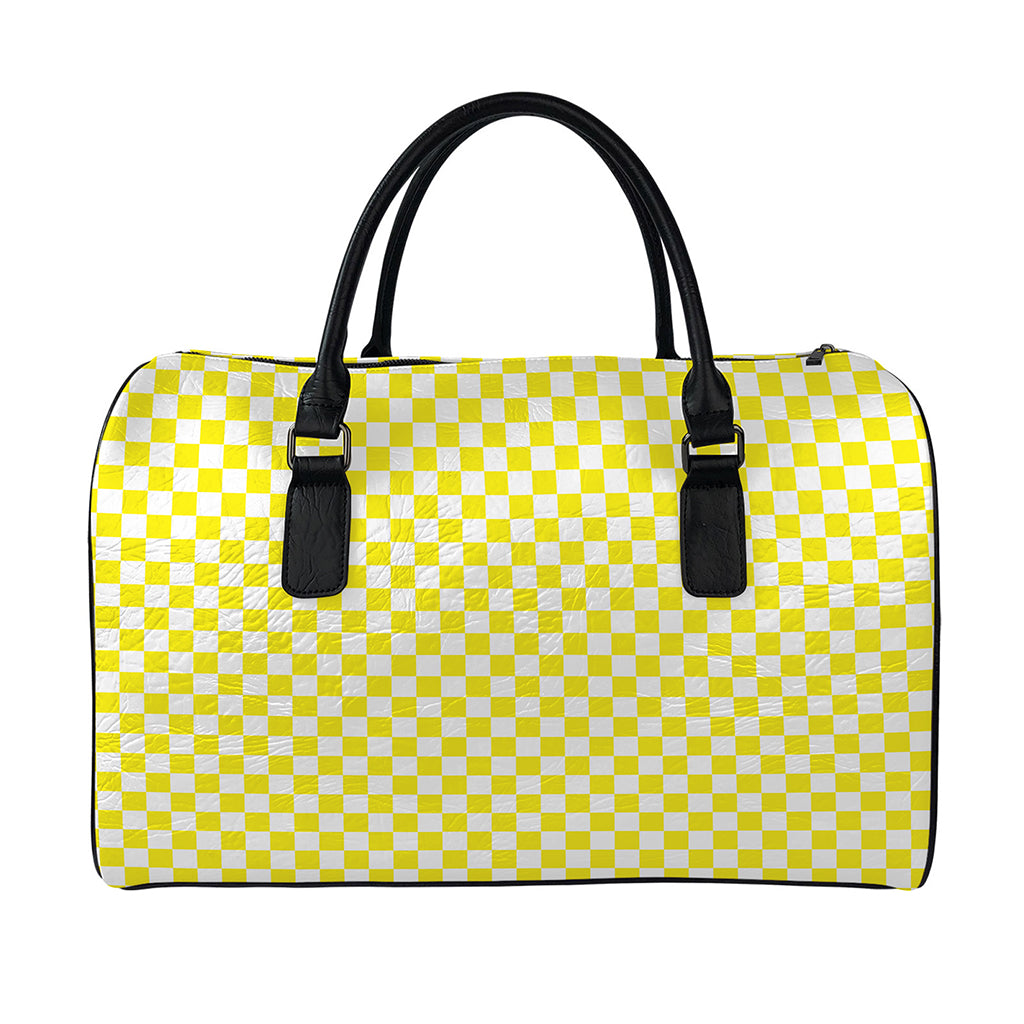 Yellow And White Checkered Pattern Print Leather Duffle Bag
