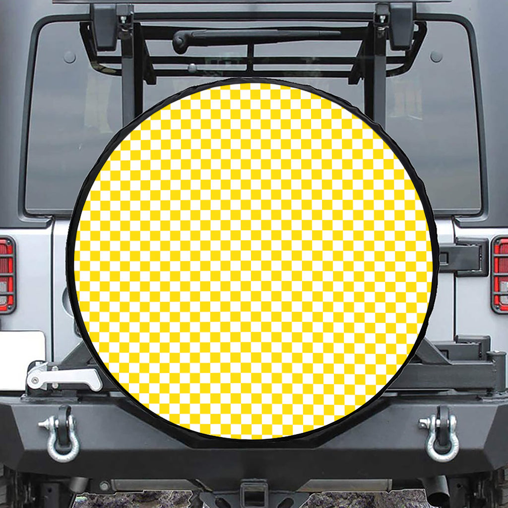 Yellow And White Checkered Pattern Print Leather Spare Tire Cover