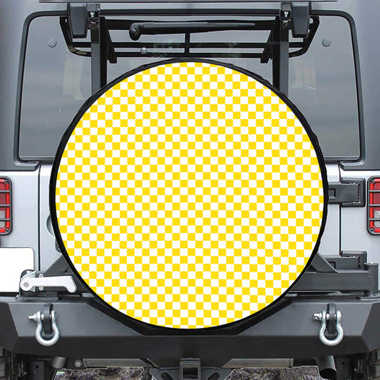 Yellow And White Checkered Pattern Print Leather Spare Tire Cover