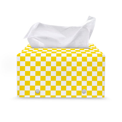 Yellow And White Checkered Pattern Print Leather Tissue Box Cover