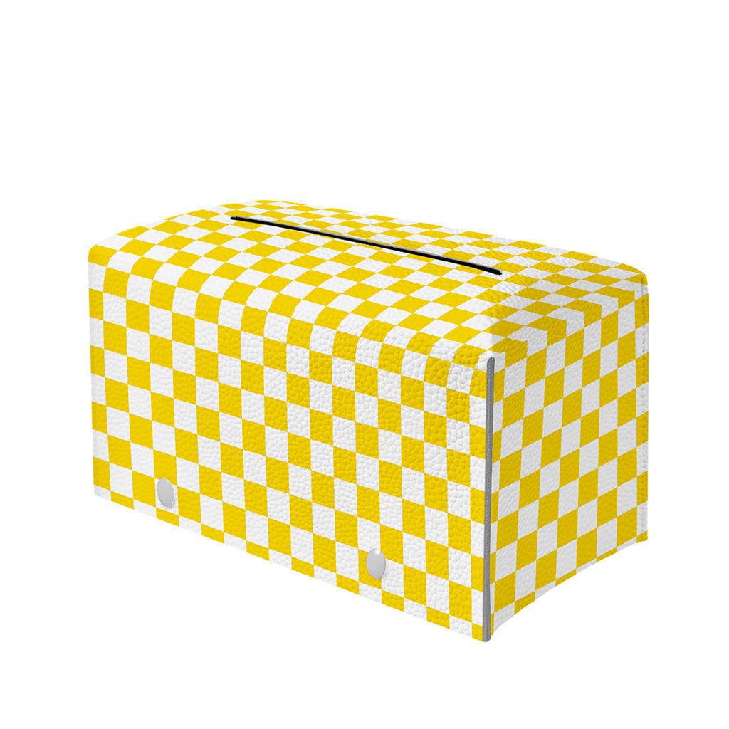 Yellow And White Checkered Pattern Print Leather Tissue Box Cover