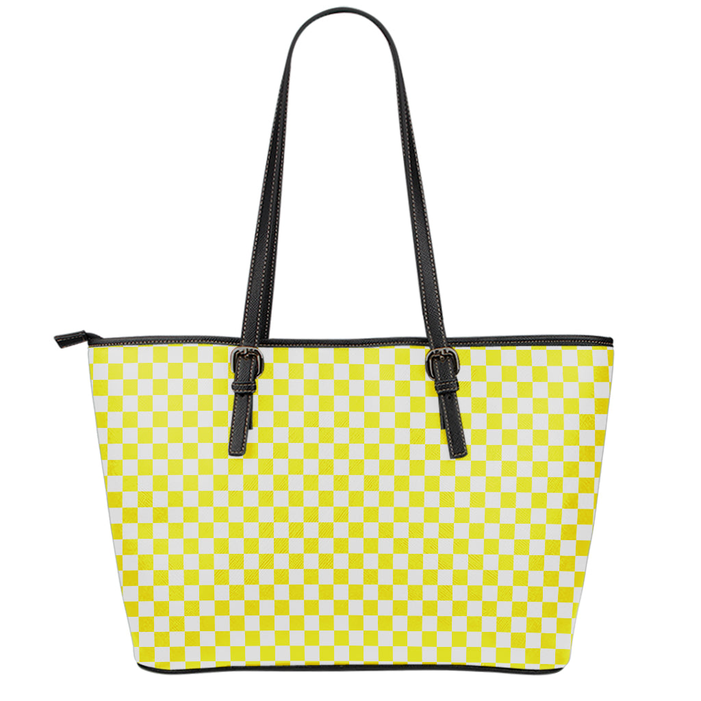 Yellow And White Checkered Pattern Print Leather Tote Bag