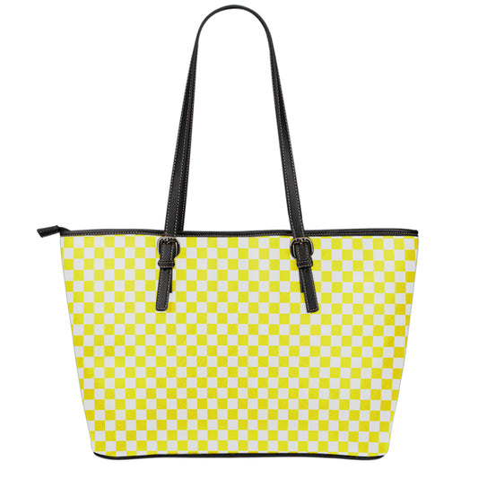 Yellow And White Checkered Pattern Print Leather Tote Bag