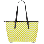 Yellow And White Checkered Pattern Print Leather Tote Bag