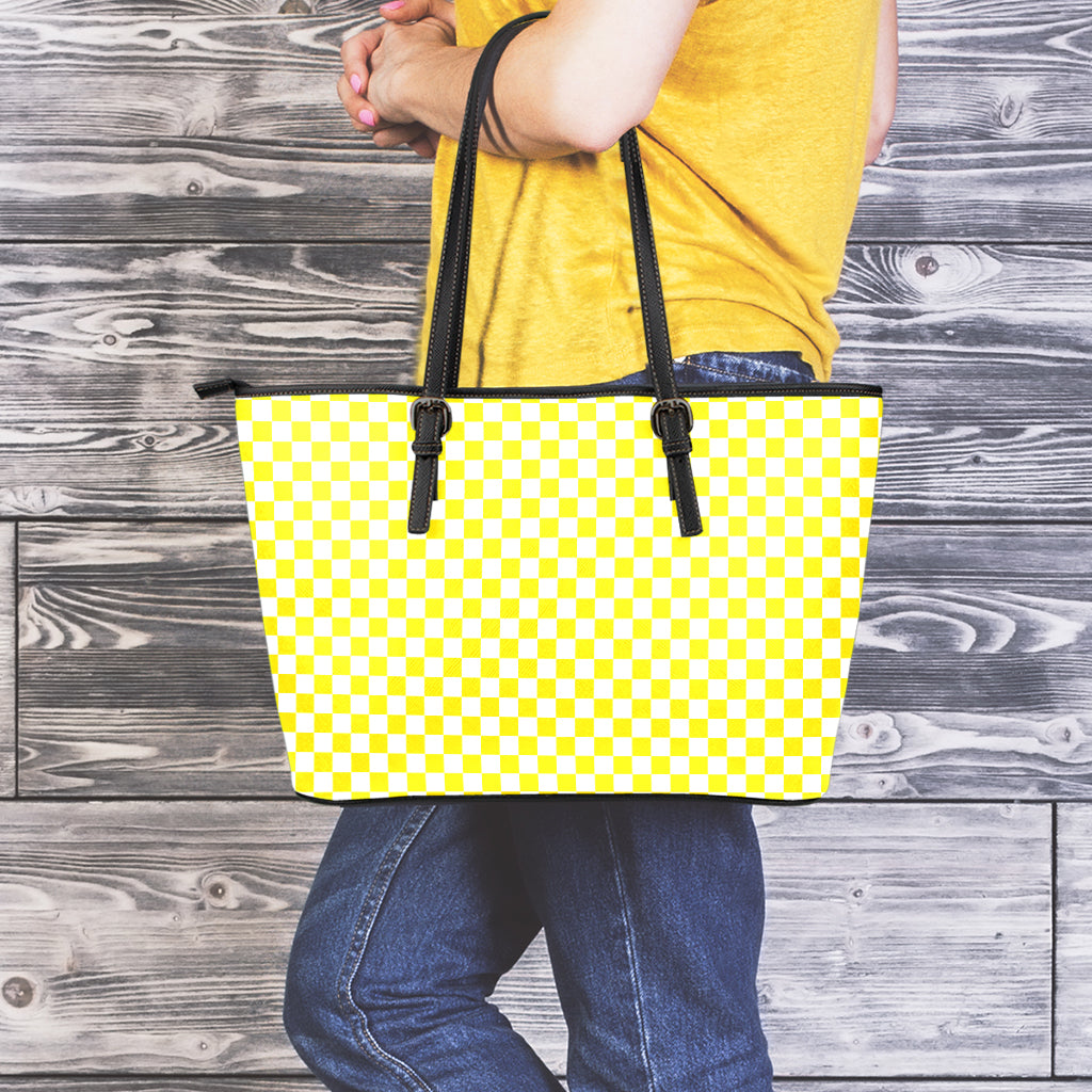 Yellow And White Checkered Pattern Print Leather Tote Bag