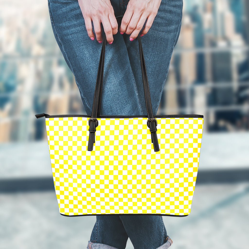 Yellow And White Checkered Pattern Print Leather Tote Bag