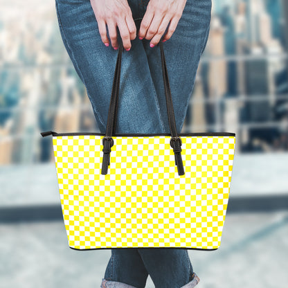 Yellow And White Checkered Pattern Print Leather Tote Bag