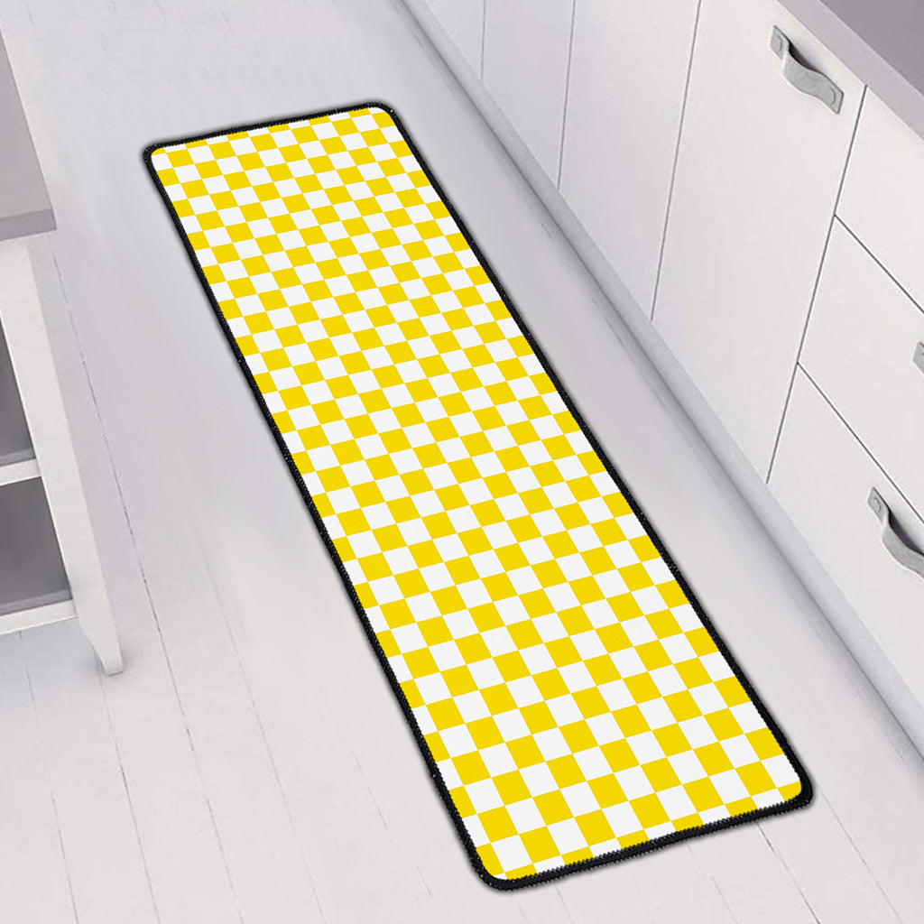 Yellow And White Checkered Pattern Print Long Kitchen Mat