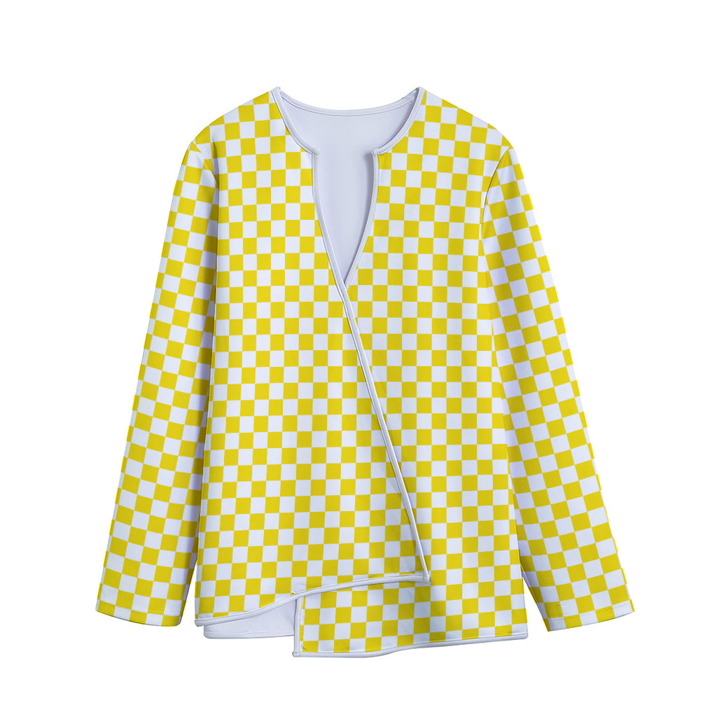 Yellow And White Checkered Pattern Print Long Sleeve Short Coat