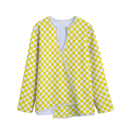 Yellow And White Checkered Pattern Print Long Sleeve Short Coat