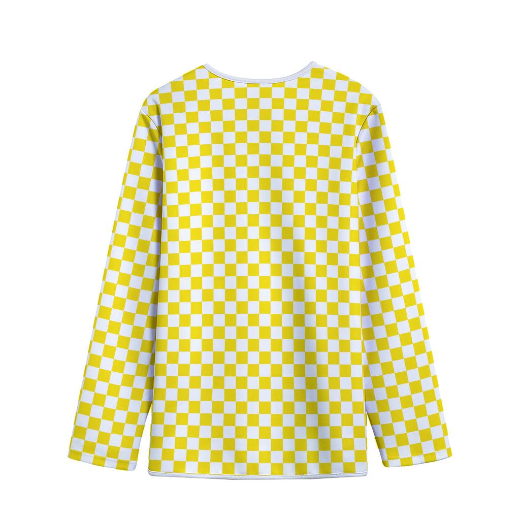 Yellow And White Checkered Pattern Print Long Sleeve Short Coat