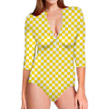 Yellow And White Checkered Pattern Print Long Sleeve Swimsuit