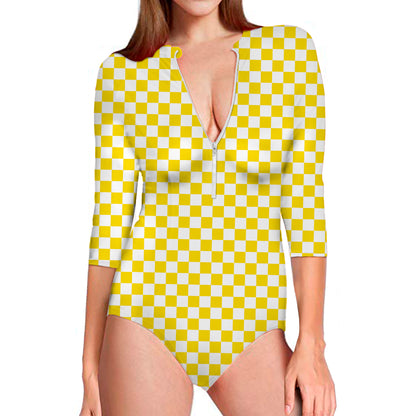 Yellow And White Checkered Pattern Print Long Sleeve Swimsuit